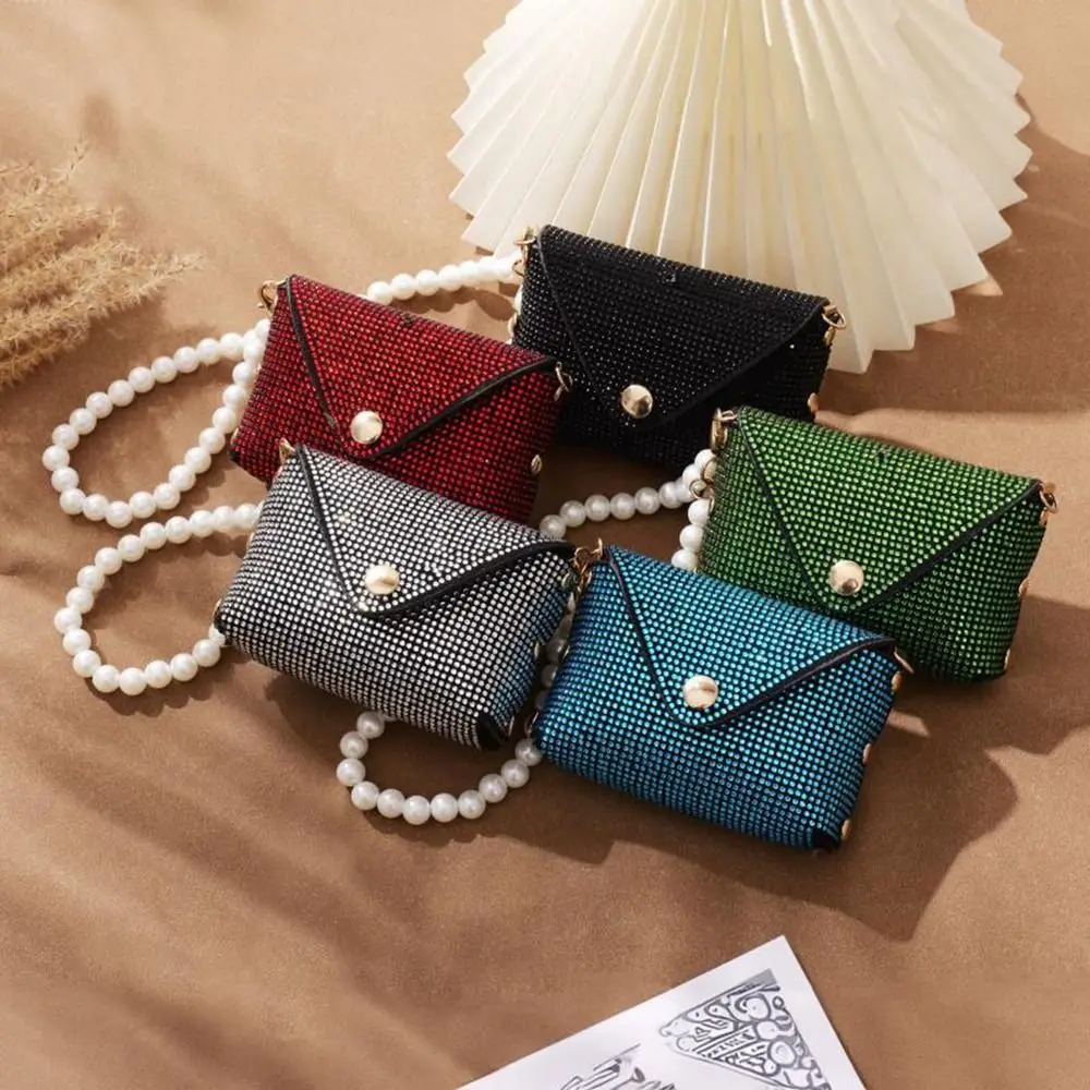 PU Leather Rhinestone Coin Purse With Pearl Lanyard Lipstick Pack Mini Storage Bag Shiny Card Holder Headphone Bag Women