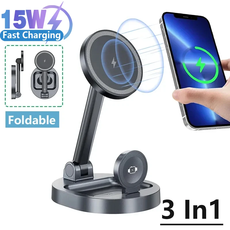 3 In 1 Foldable Magnetic Wireless Charger Stand Pad For iPhone 15 14 13 12 Pro Max Apple Watch 8 7 Airpods Fast Charging Station