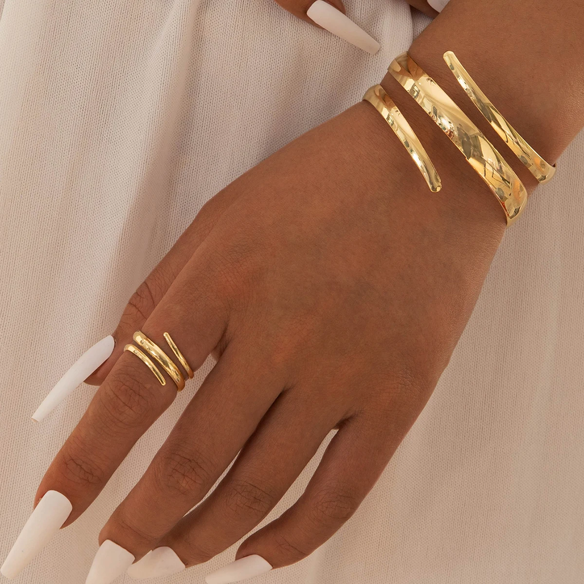Docona Simple Style Open Bracelet Ring Jewelry Set Women Gold Imitation Pearl Geometric Bracelet Ring Set Party Festival Gift