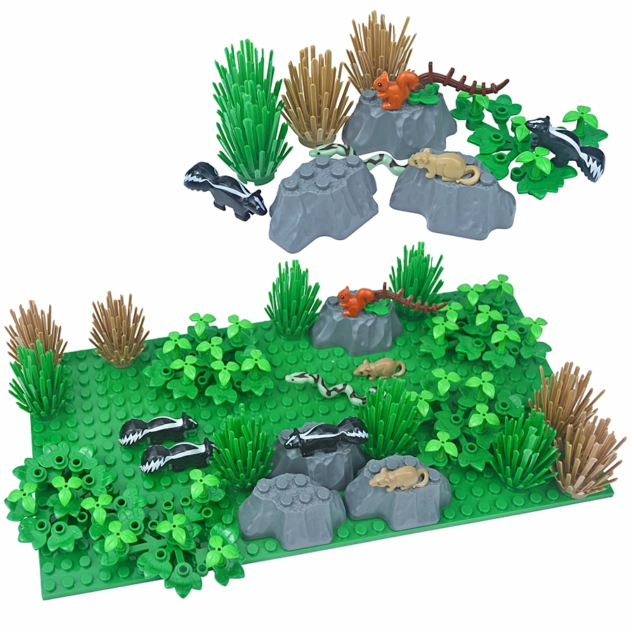 DIY Pflanzen Dschungel Wald Busch Szene Tropische Wildtiere Eichhörnchen Schlange Baum Fels Habitat Bausteine Zusammengebautes Kinderspielzeug – Detail 2