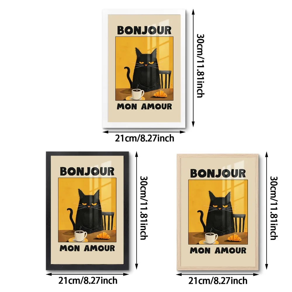 21X30 Photo Frame Plus Canvas Painting Cat BONJOUR Black White Wood Grain Can Be Hung on The Wall with Certificate Poster Decor
