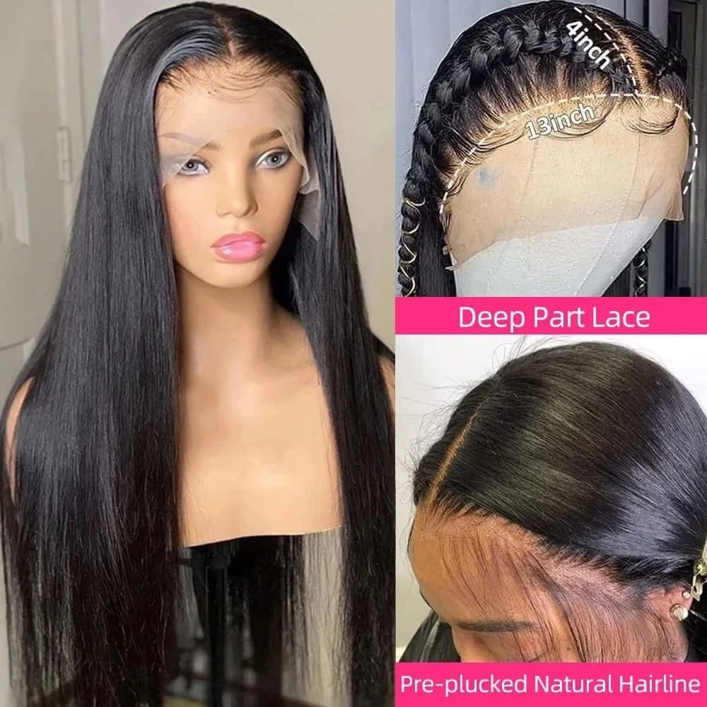 36 Inch Straight Lace Front Human Hair Wigs 13×4 Natural Color 220Density Pre Plucked Transparent Lace Frontal Wig For Women1B