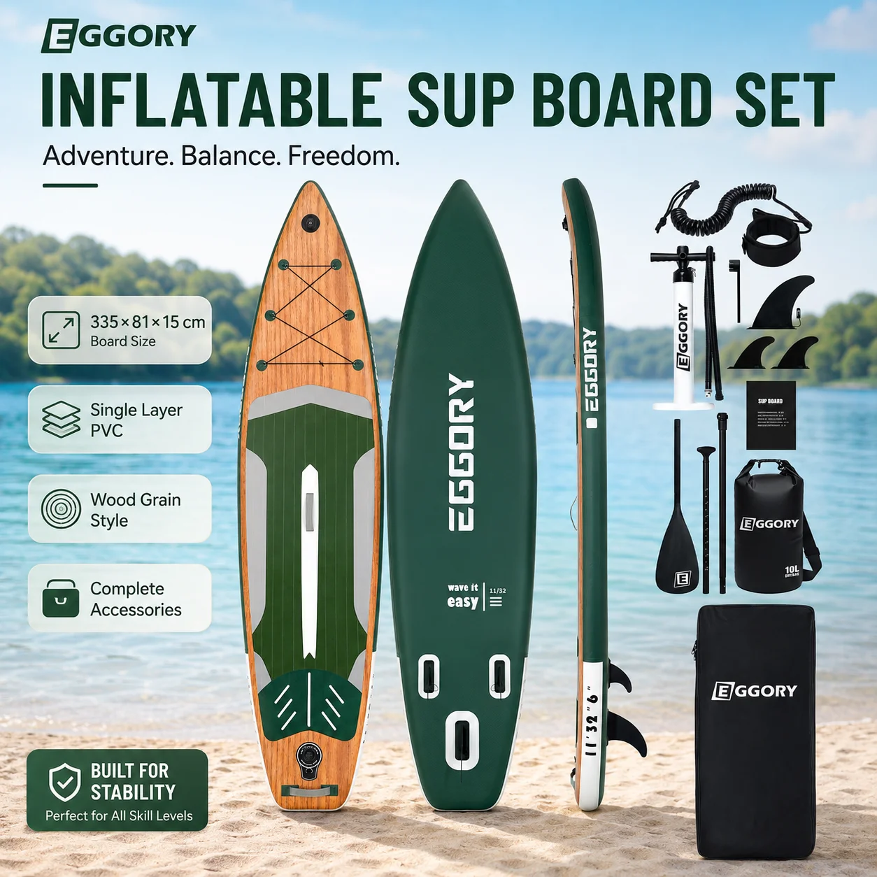 Planche de paddle gonflable EGGORY 335x81x15cm, planche SUP en PVC monocouche effet bois, planche de surf pour adultes et jeunes avec pagaie, 3 ailerons, leash, pompe manuelle, sac étanche 10L, sac à dos, accessoires complets, stable, durable, portable, kit sportif pour activités aquatiques, plage, lac, rivière.