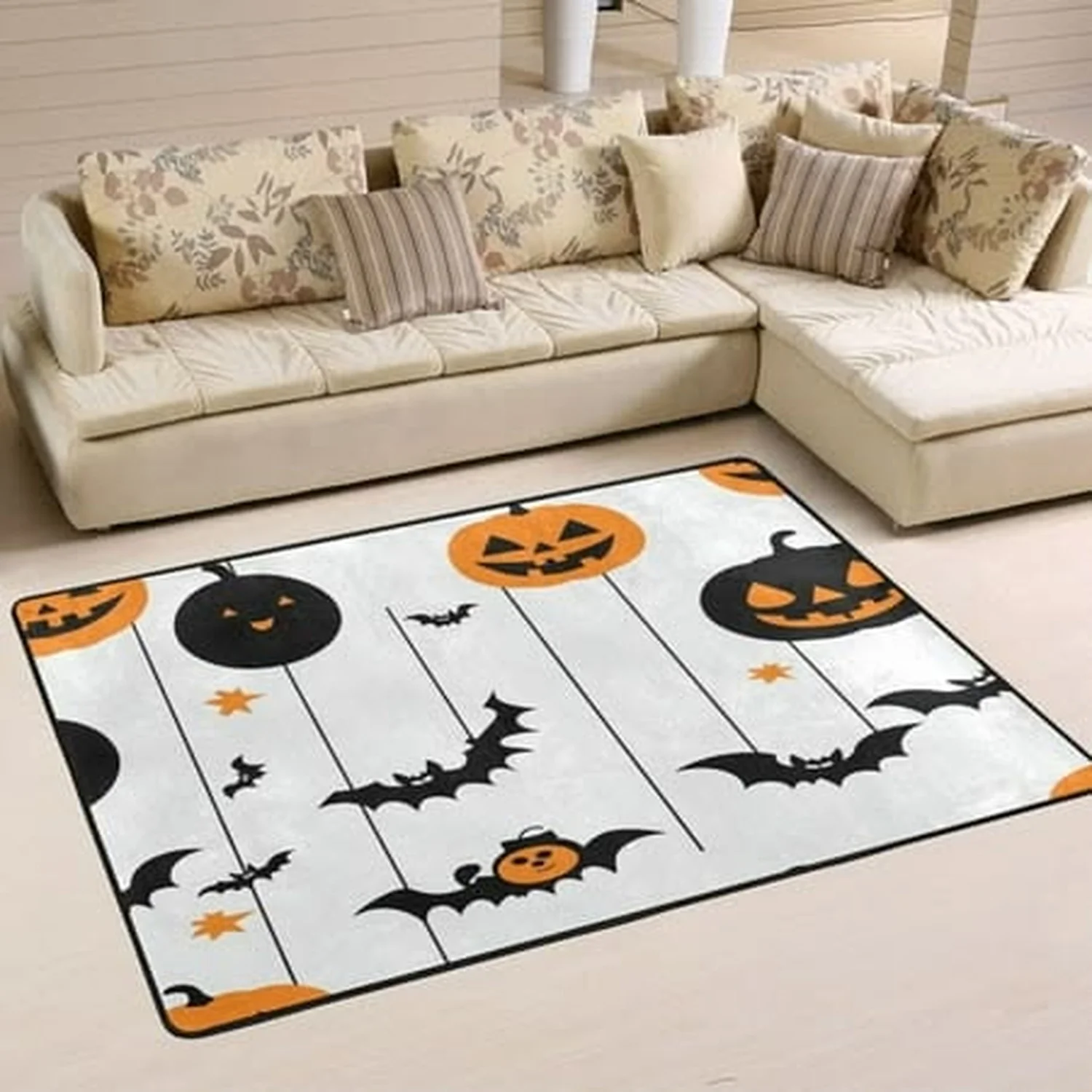 Non-Slip Carpet, Washable Indoor Rug, Printed Pattern, Suitable for Living Room, Bedroom, Home Decoration, Featuring Hanging Pumpkin and Bat Designs