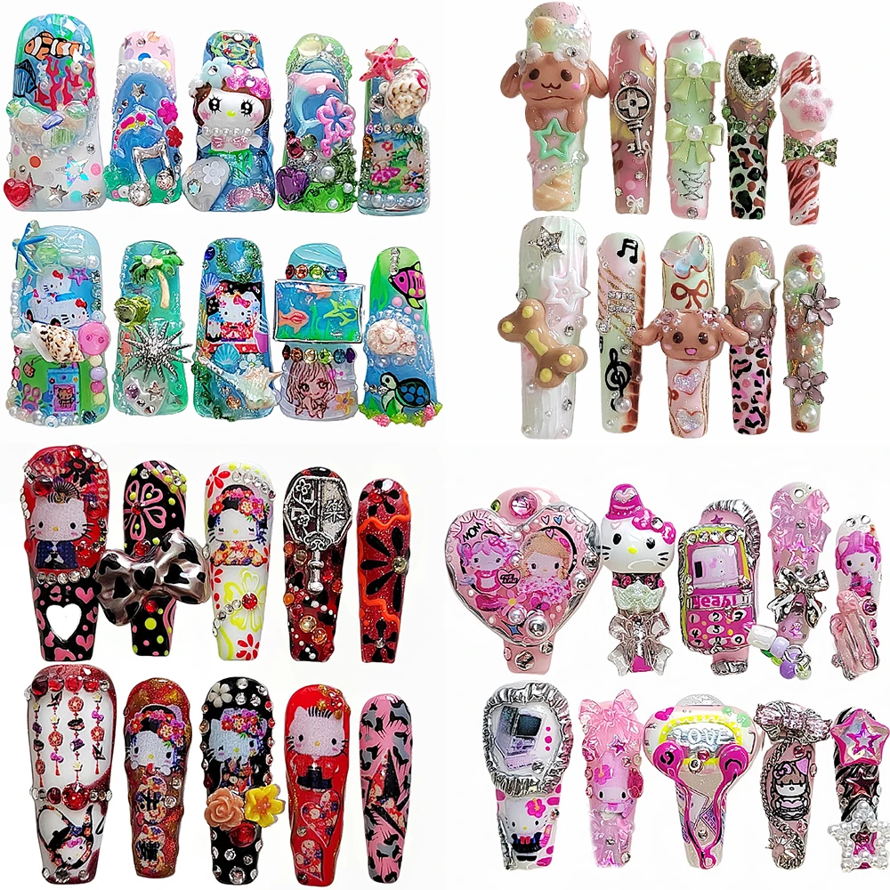 

Y2K Spice Girl Hello Kitty Cinnamoroll Handmade Long Coffin Duckbill Press On Nails Metal Bow Diamond Pearl Nails Party Sticker