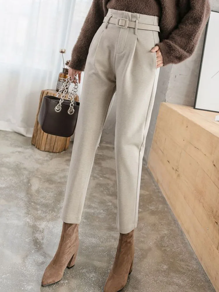 Korean Design Super High Waist Harem Pants With Belt Winter Warm Woolen Thicken Velvet Lined Pantalones Ankle Length Calca New