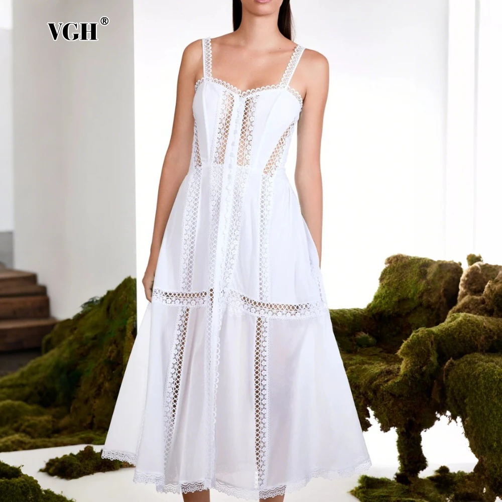 VGH Abito medio solido moda casual per donna Colletto quadrato senza maniche Vita alta Patchwork Scava fuori Abiti trasparenti Donna