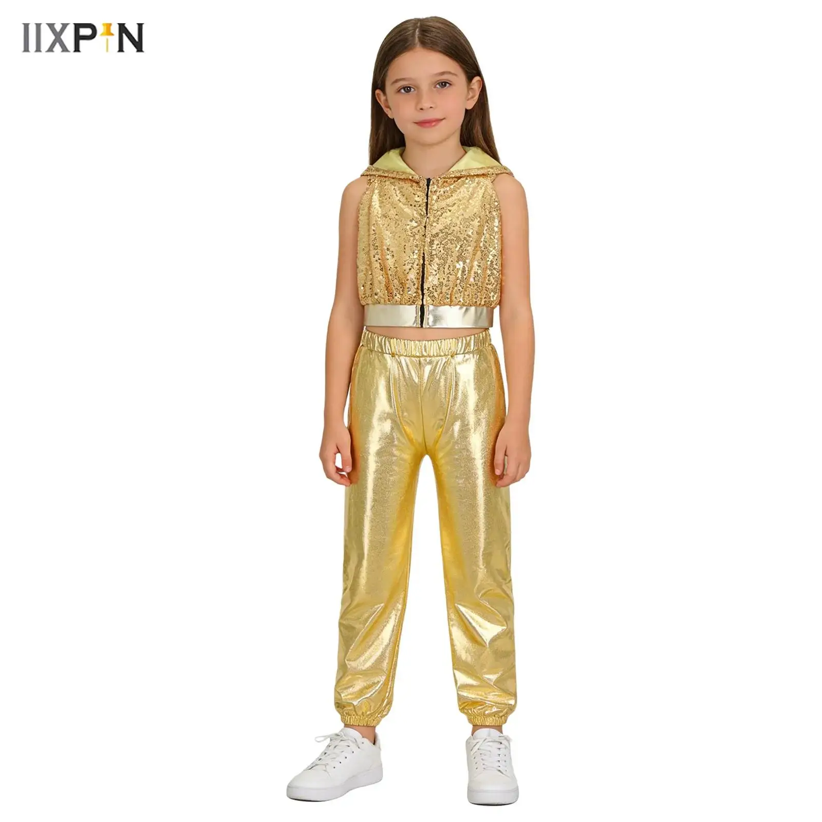 

Kids Girls Hip-Hop Jazz Dance Costume Sleeveless Backless Zipper Sparkling Sequins Hooded Crop Top with Metallic Pants Outfit