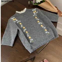 Korean Vintage Knit Sweater For Women Flower Embroidery Elegant Fashion Stylish Pullover Tops 2024 Summer Short Sleeve Jumpers