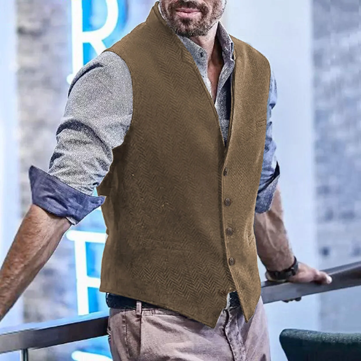 

Herringbone Men Vest Brown Business Casual Wool Tweed Waistcoat For Wedding Groomsmen Banquet V Neck Men Suit