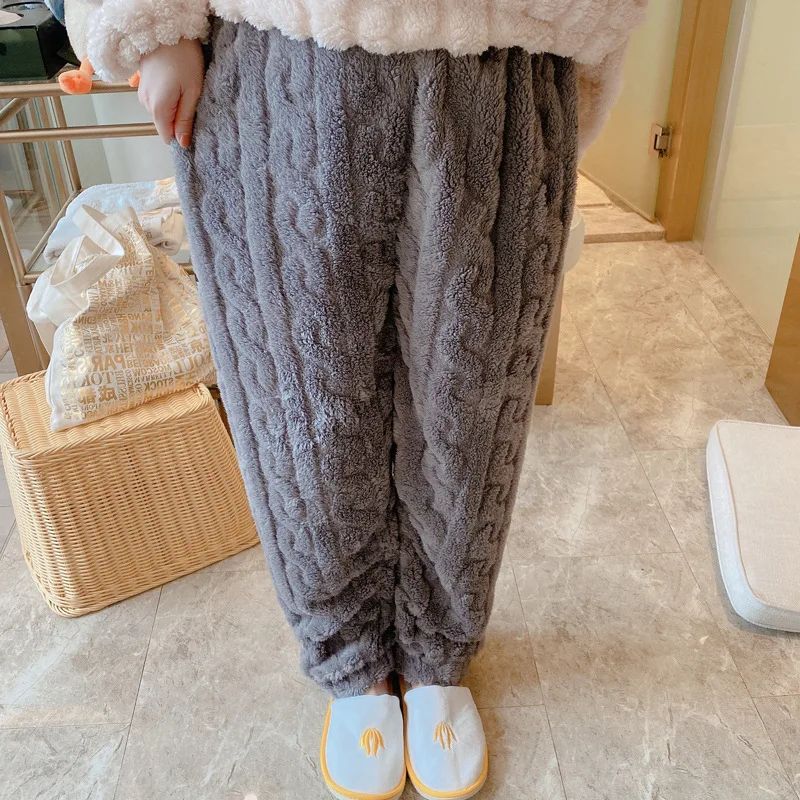 Women Sleep Bottoms Pants Solid 2024 Winter Velvet Thick Pajama Trousers Soft Warm Flannel Sleepwear Female Casual Homewear