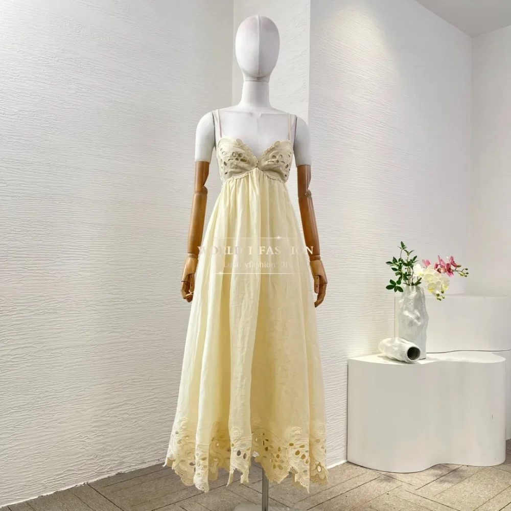 Vestido midi bege sem mangas bordado recortado sem costas 2025 Ramie