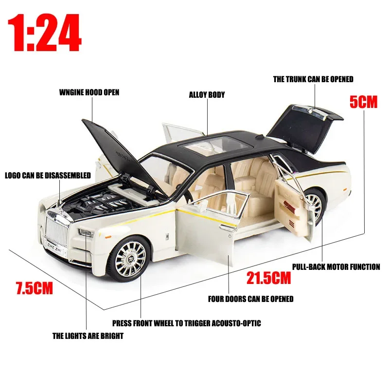

1:24 Alloy DieCast Phantom Model Toy Car Simulation Sound Light Pull Back Collection Toys Vehicle For Children Gifts