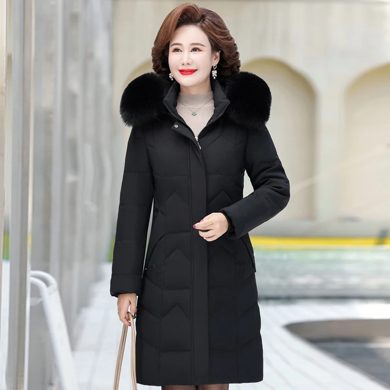 Middle-aged Women\'s Winter Coats 2023 New Casual Thick Warm Women\'s Jackets Hooded Fur Collar Long Parkas Winter Female Clothing