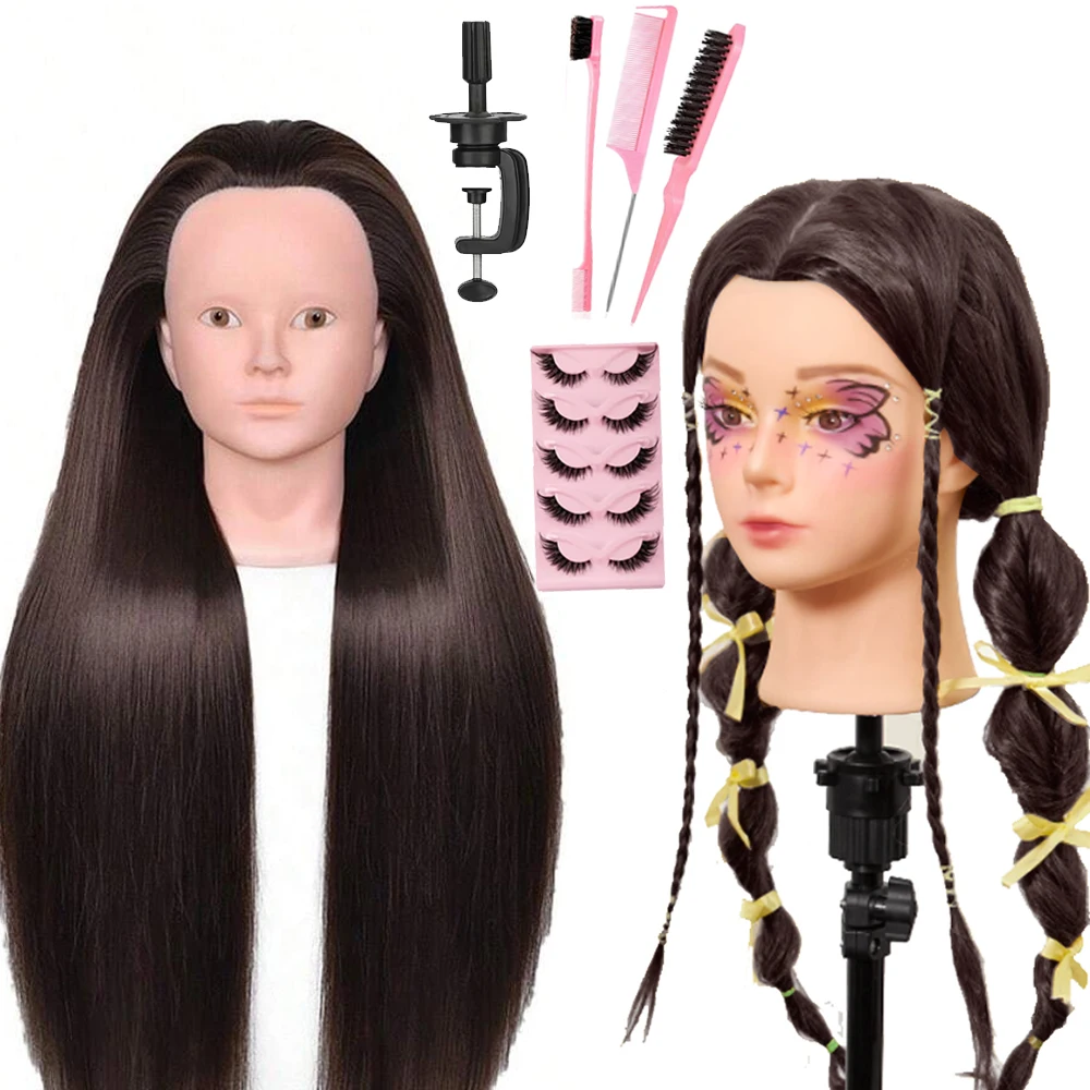 26'' Cosmetology Makeup ManikingTraining Head Practice Braiding, With Stand&Combs&False Eyelashes Hairdressing Tool