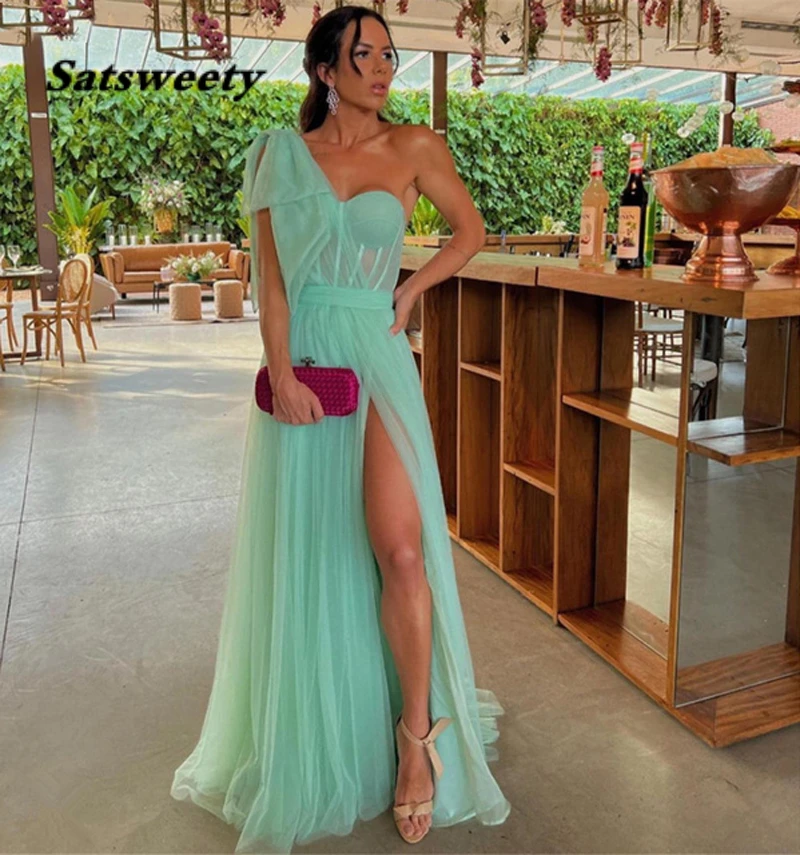 Yellow One Shoulder Prom Dress A Line Tulle Sweetheart Formal Evening Gowns High Slit Corset Simple Long Party Dresses