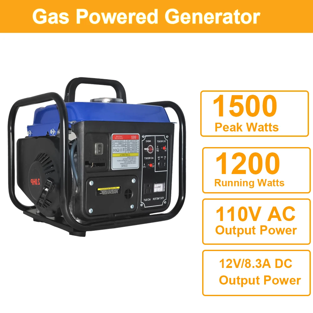 1200W Portable Gas Powered Generator Ultralight 35.3lbs 2-Stroke Single Cylinder 950W Rated Output 110V AC & 12V/8.3A DC Power
