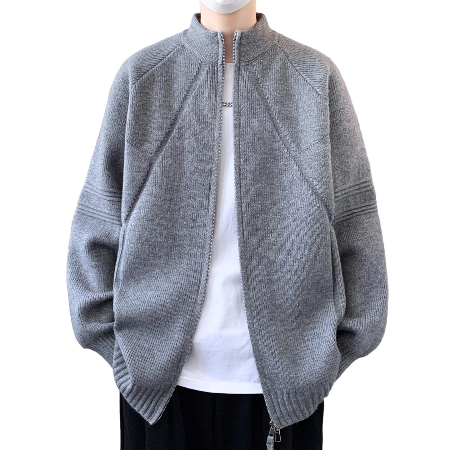 Cardigã Masculino de Tricô sso com Gola Alta e Zíper, Jaqueta Solta da Moda para Outono/Inverno