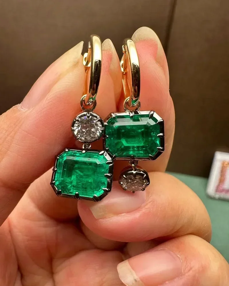 Pirmiana Custom Design 18 Gold 6.9ct Lab Grown Emerald Earrings with Side Labdiamonds Jewelry for Women Party Gift