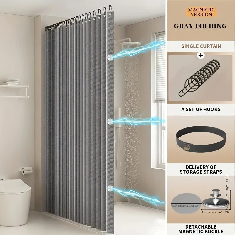 

Modern Grey Foldable Shower Curtain with Hooks,Wavy Design,Durable Polyester,Machine Washable,Bathroom Privacy Partition curtain