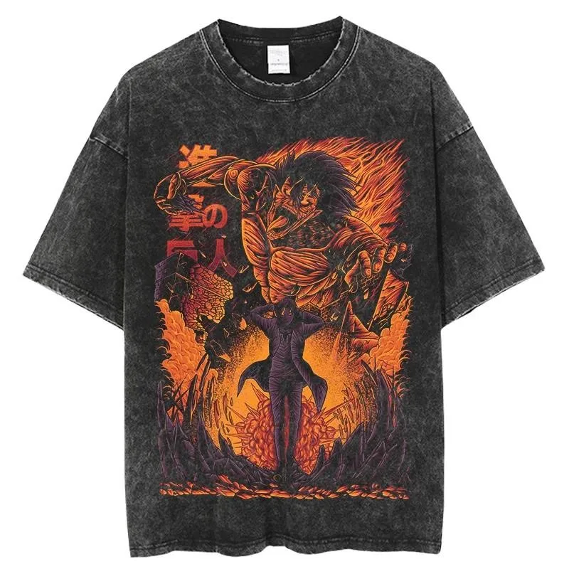Japan Anime Attack on Titan Mikasa Print Washed TShirt Unisex Manga Trendy T-shirts Vintage Cotton Tshirt Oversized Casual Tops