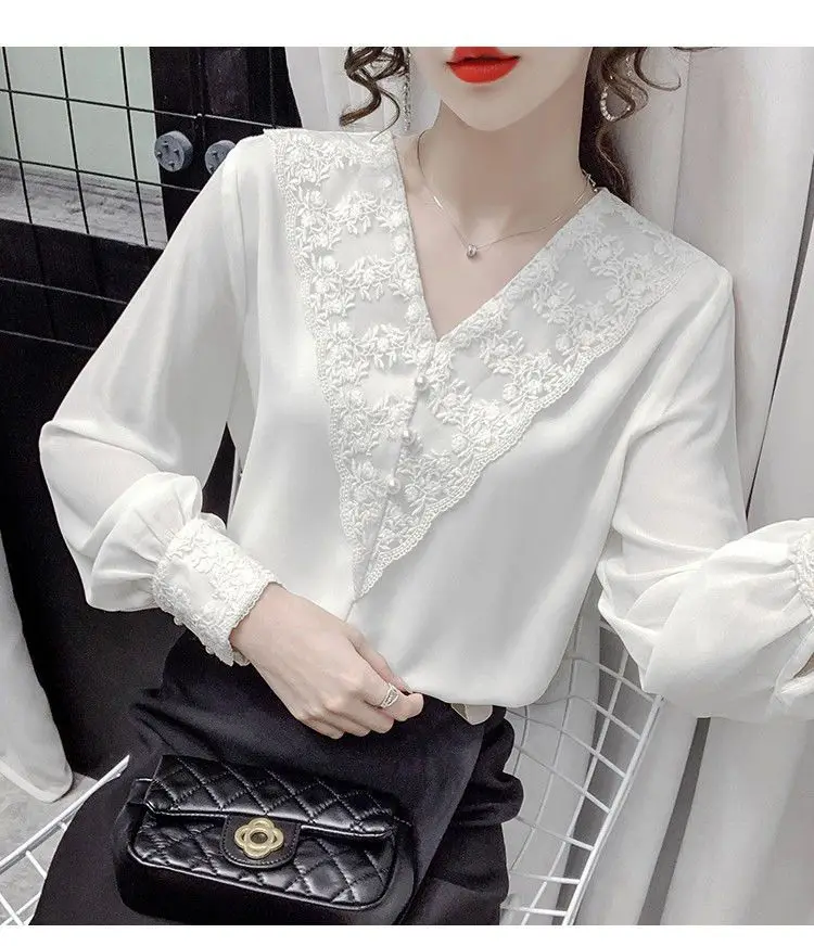 Spring Autumn New Fairy V-neck Lace Top Unique Small Shirt Design Sense Shirt Long Sleeve Western Style Chiffon Shirt for Women