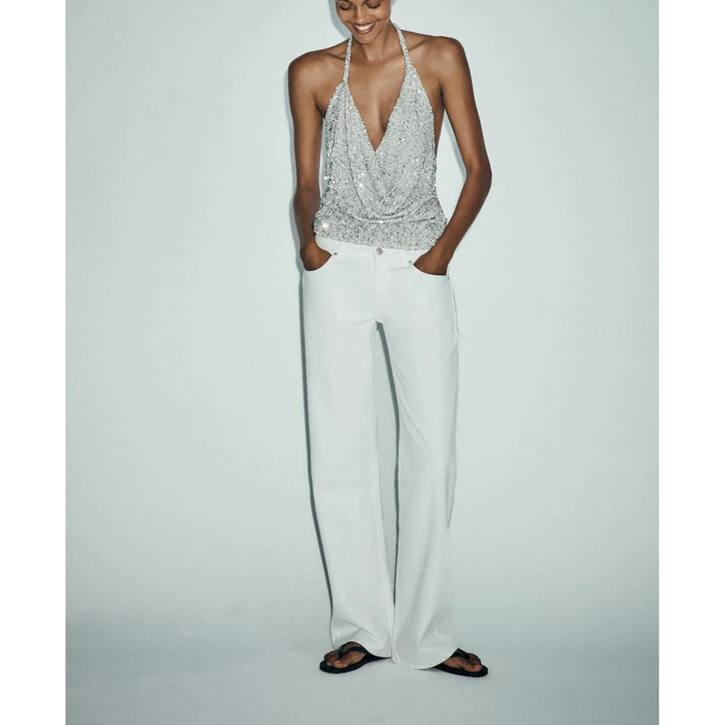 صيف جديد للمرأة تصميم تحسس مطوي حبة فتاة Sle Svel V-ne ort أعلى تخفيف Sle مشرق Tead طول منتظم #2