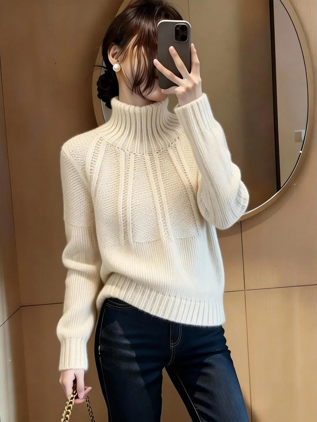 

Spring 2026 Women's High Ne Knitted Sweater Long Sve Twist Design Slimming Versatile Beige Korean Sle Commute Wool Blend