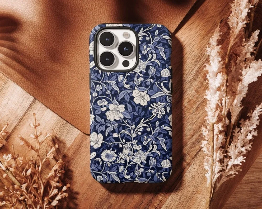 BLUE Vintage Botanical Phone Case For IPHONE 16 15PRO MAX 14 13 12 11 Acrylic TPU Two in one magnetic Phone Cases