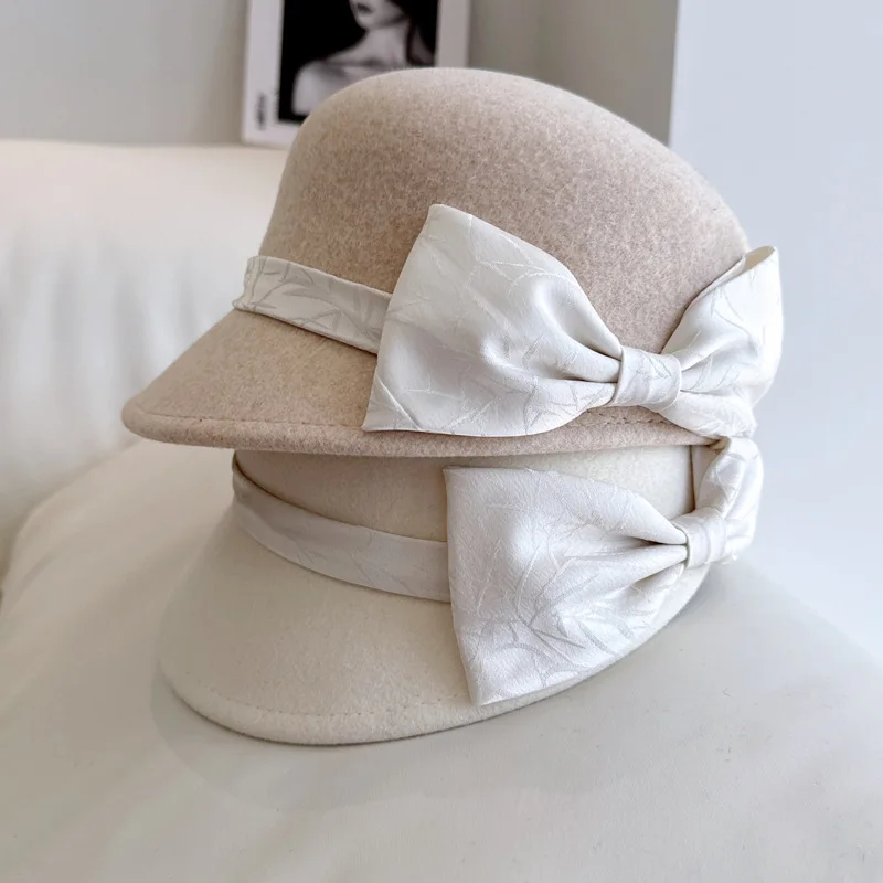 

Delicate and elegant ribbon bow equestrian hat 100% Australian woolen felt hat Fashion Hepburn style outdoor cap