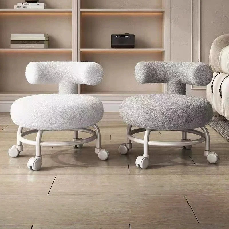 #¥Lambskin Low Chair Household Round Stool Movable Shoe-changing Stool with Backrest