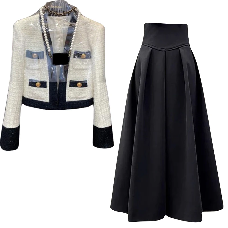 New Little Fragrance Two Piece Set Streetwear Stylish V-Neck Tweed Jacket+High Waist A-Line Skirt With Split Wide Leg Pants