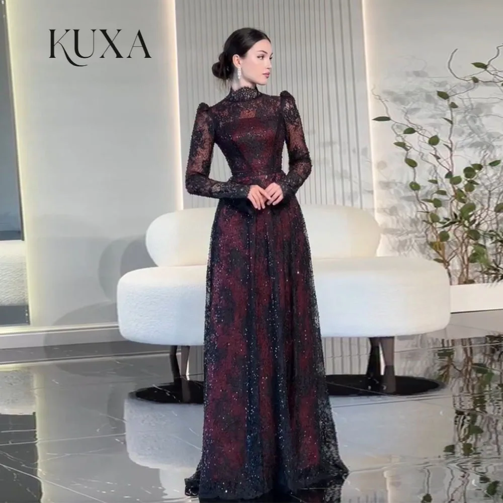 KUXA Maßgeschneiderte Exquisite Elegante A-Linien Abendkleider Bodenlang mit Langen Ärmeln Saudi Kuwait Ballkleider Robes De Soirée 2026