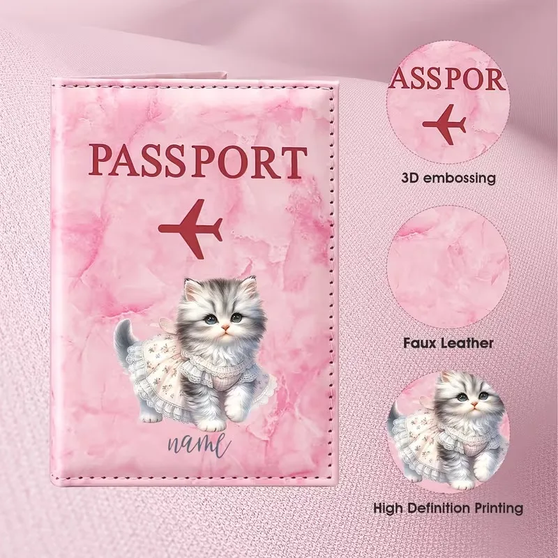 Personalized Custom Name Cute Cat Illustration Design PU Passport Holder, Featuring a Gray And White Kitten Pattern Combined