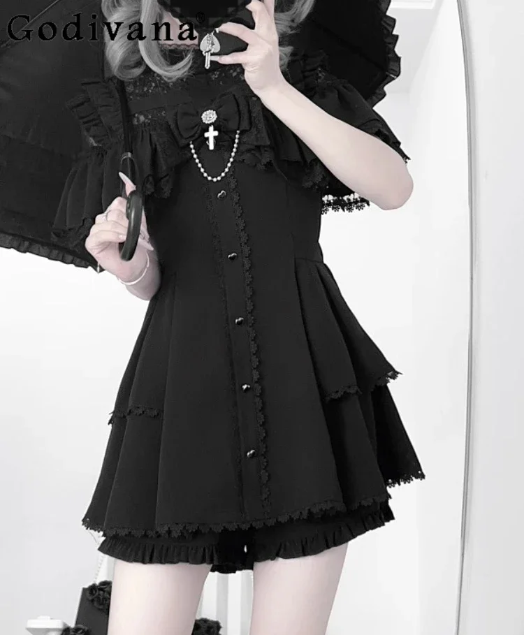 Original Japanese New Mine Bow Lace Dress Set Subculture Gothic Y2k Short-sleeved Top Shorts 2-piece Set Lolita Womens Outifits