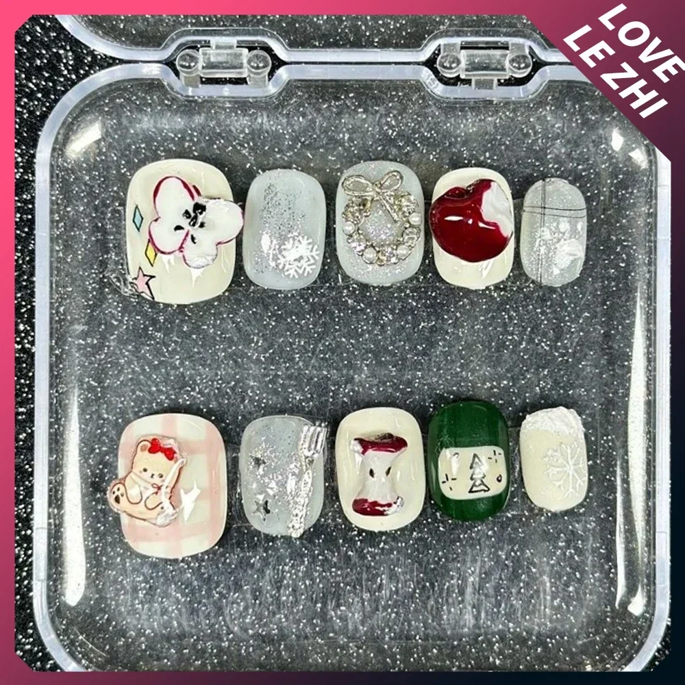 10Pcs Kawaii Cartoon Long Coffin French Full Cover Nail Sweet Cool 3D Bow Five-Pointed Star Pure Handmade Fake Nails Gift