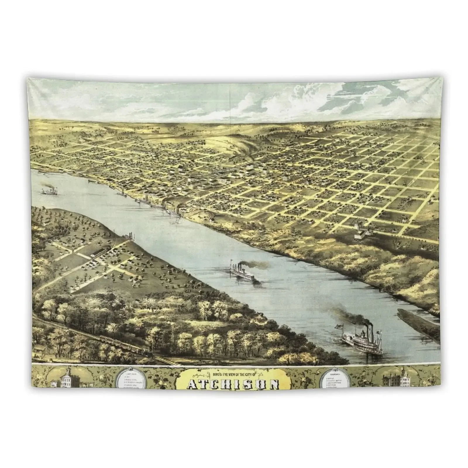 Bird's Eye View of the City of Atchison Kansas 1869 Tapestry Wallpapers Home Decor Decorations For Room Tapestry