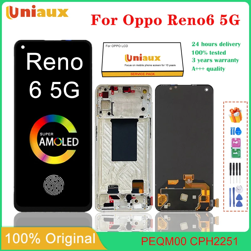 

6,43 ''AMOLED для OPPO Reno 6 5G, ЖК-экран мобильного телефона в сборе, сенсорный экран, замена ЖК-панели