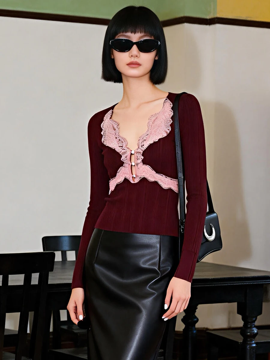 

Elegant Lace Hollow out Sexy Soft Knitted Top SelfSP Home 2026 Spring New Style Women's Fashion Slim Fit Long Sleeve Crew Neck