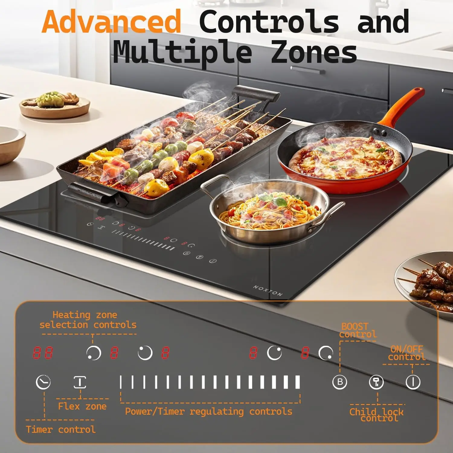 NOXTON 24Inch Induction Hob, 4 Burners with Flex Zone, Power Boost, Pause, 9 Power Levels, Safety Lock, 7200W, 240V Hard wired