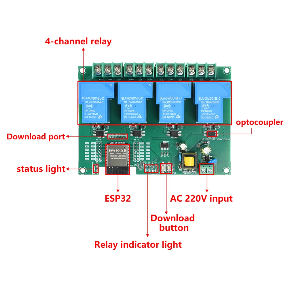 30A WIFI BT 4 طريقة وحدة التتابع على متن ESP32E وحدة وحدة التتابع يدعم التنمية الثانوية التيار المتناوب 220 فولت