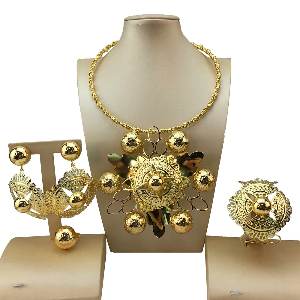 New Trendy Women Jewelry Set Brazilian Gold-Plated African Wedding Bridal Big Flower Pendant Necklace Gifts FHK18841