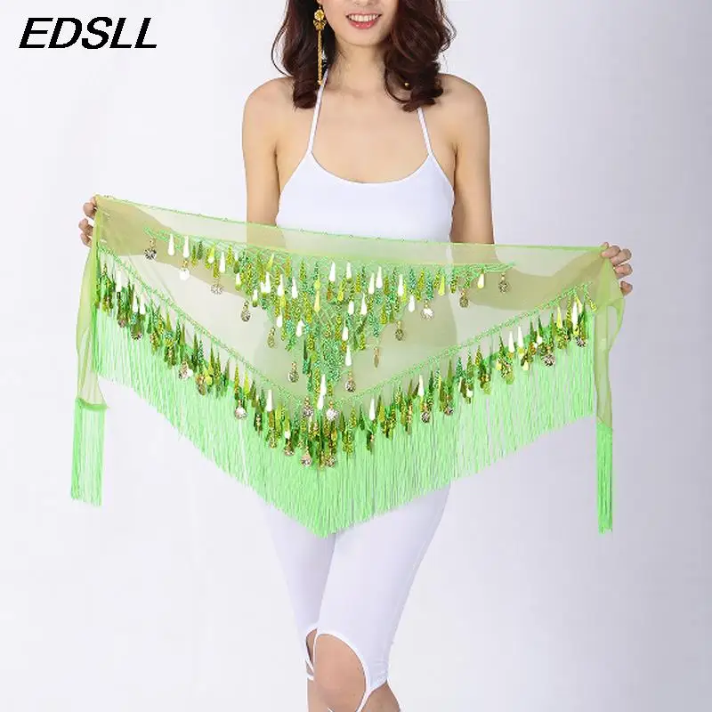 Ladies Belly Dance Hip Scarf Sequin Hanging Coin Tassel Gradient Triangle Scarf Women Indian Dance Tassel Waist Belt Accessories