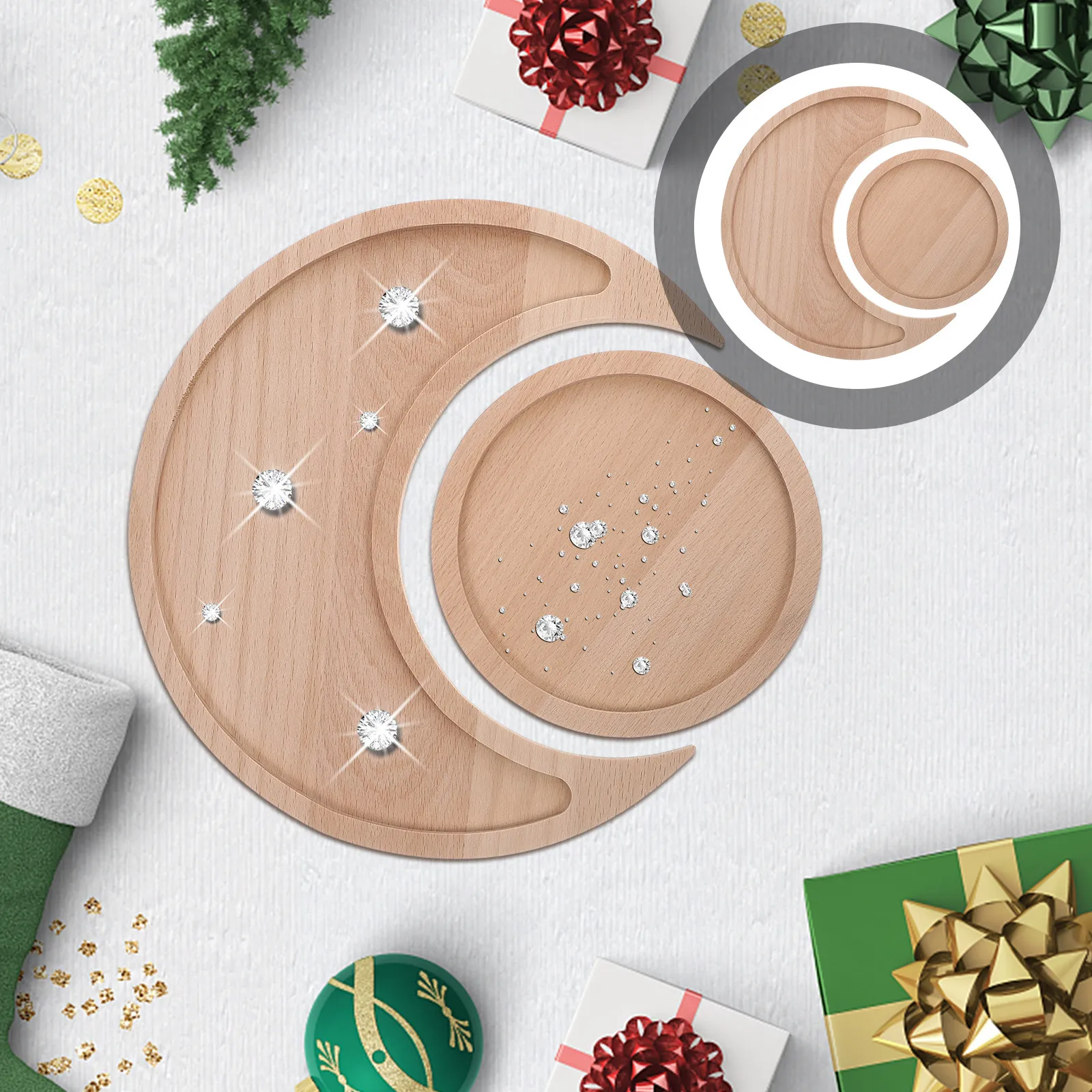 

2Pcs Wooden Moon and Tray Natural Wood Crystal Organizer Display Plate for Rings Stones Essential Oils Home Decor