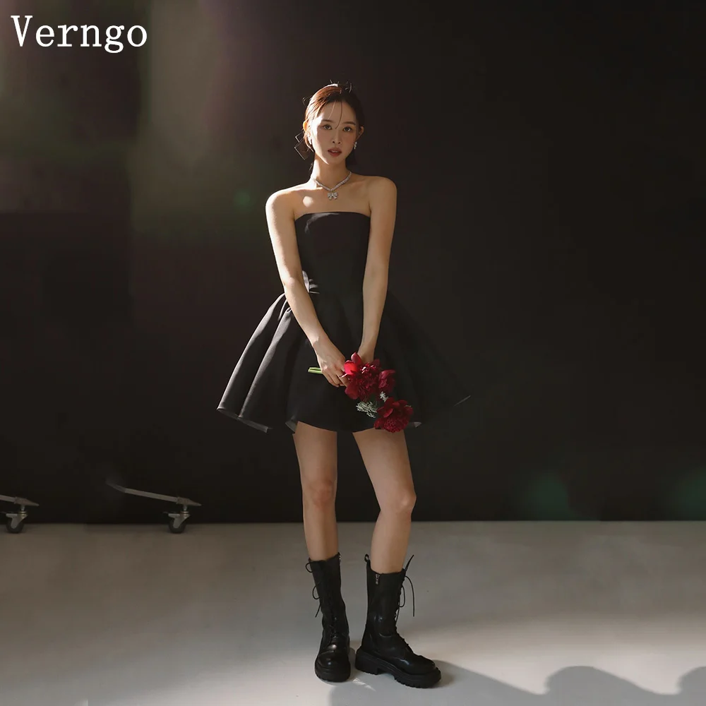 Verngo Black Satin Mini Prom Gowns Strapless A Line Homecoming Black Dresses Simple Lace Up Formal Occasion Dress Customized