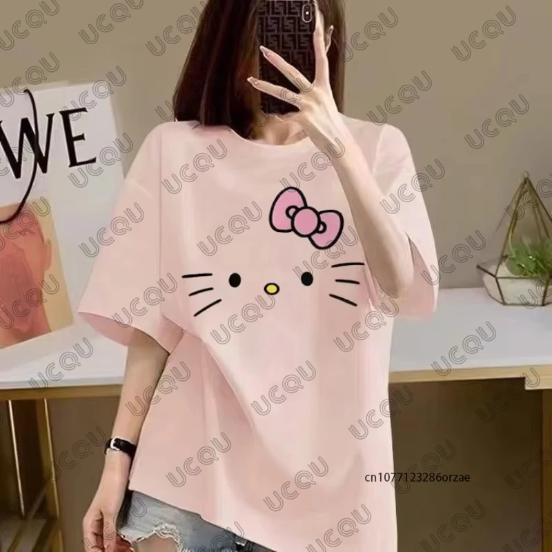 صيف جديد الكورية لطيف الكرتون مرحبا كيتي تي شيرت مطبوع للنساء القطن قصير الأكمام س الرقبة تيز ملابس الشارع الشهير Y2K القمم #3