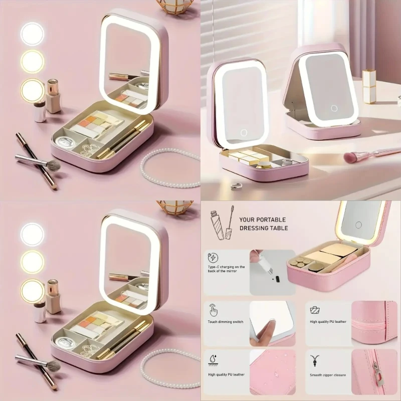 مرآة مكياج USB LED محمولة مع تكبير 10 مرات، جلد صناعي وردي، منظم مستحضرات التجميل للسفر قابل للطي، كاسات تجميل مدمجة