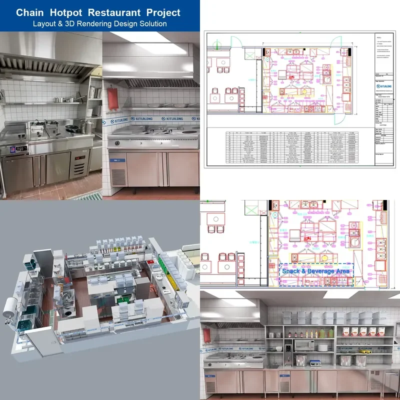 for Chain Hot Pot Restaurant Commercial Kitchen Layout 3D Rendering Design Solution Catering Equipment Supply Project