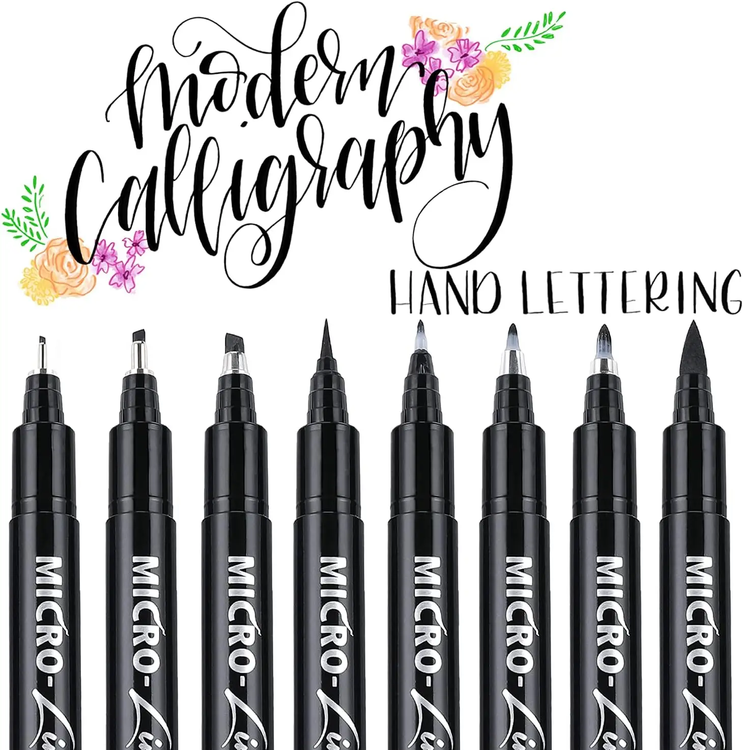 Hand Lettering Pens Set, Calligraphy Brush Markers for Beginners, 8 Sizes Black Ink Art Drawing Tools