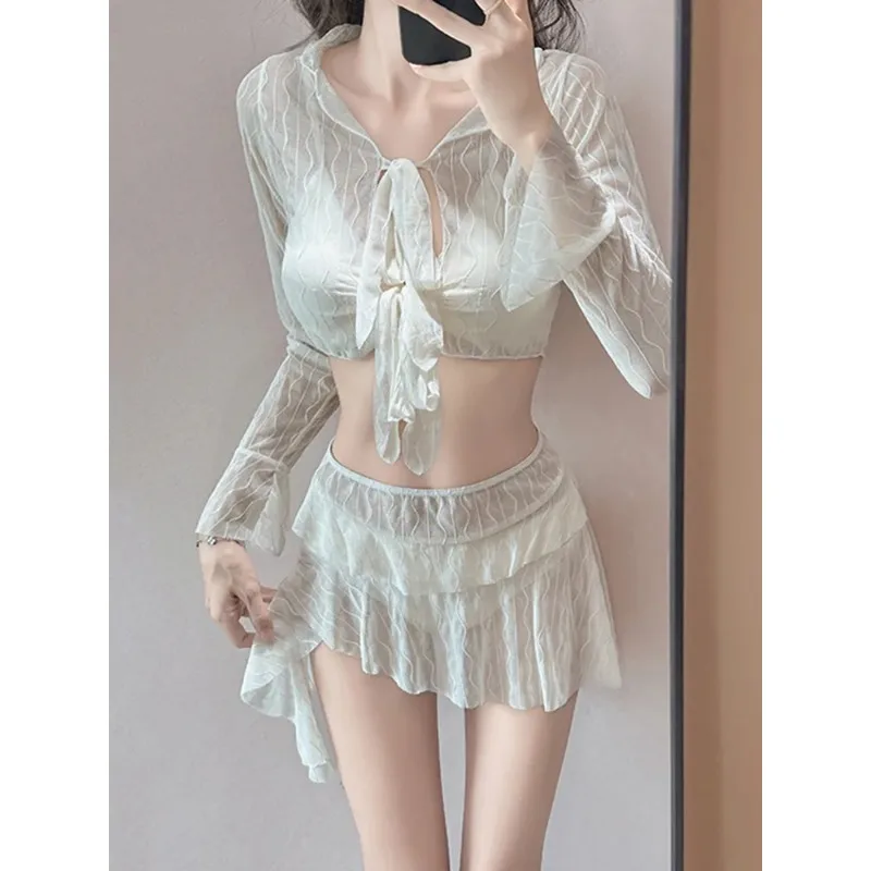 Women's 4-Piece Ruffle Skirted Bikini Set with Sheer Cover Long Sleeve Swimwear